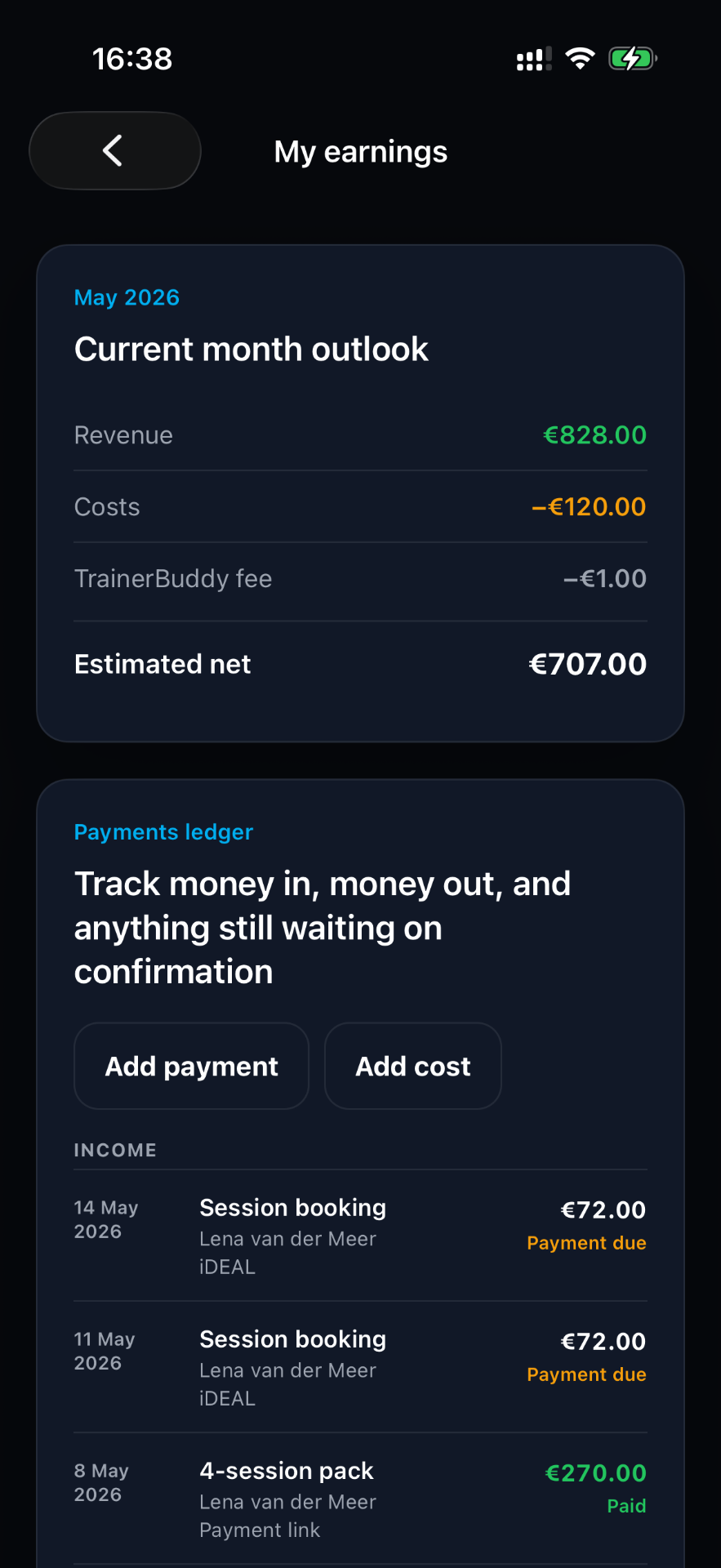 TrainerBuddy earnings and expense tracker showing monthly revenue, costs and net profit