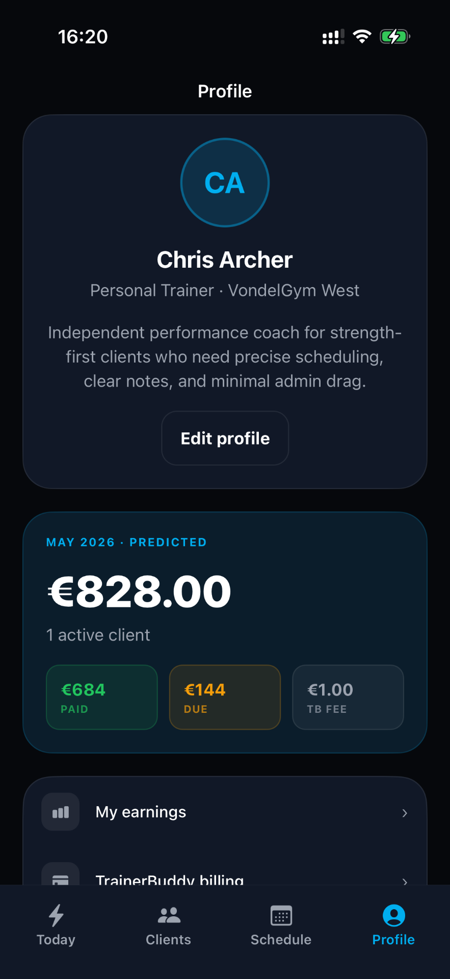 TrainerBuddy Profile & earnings screen