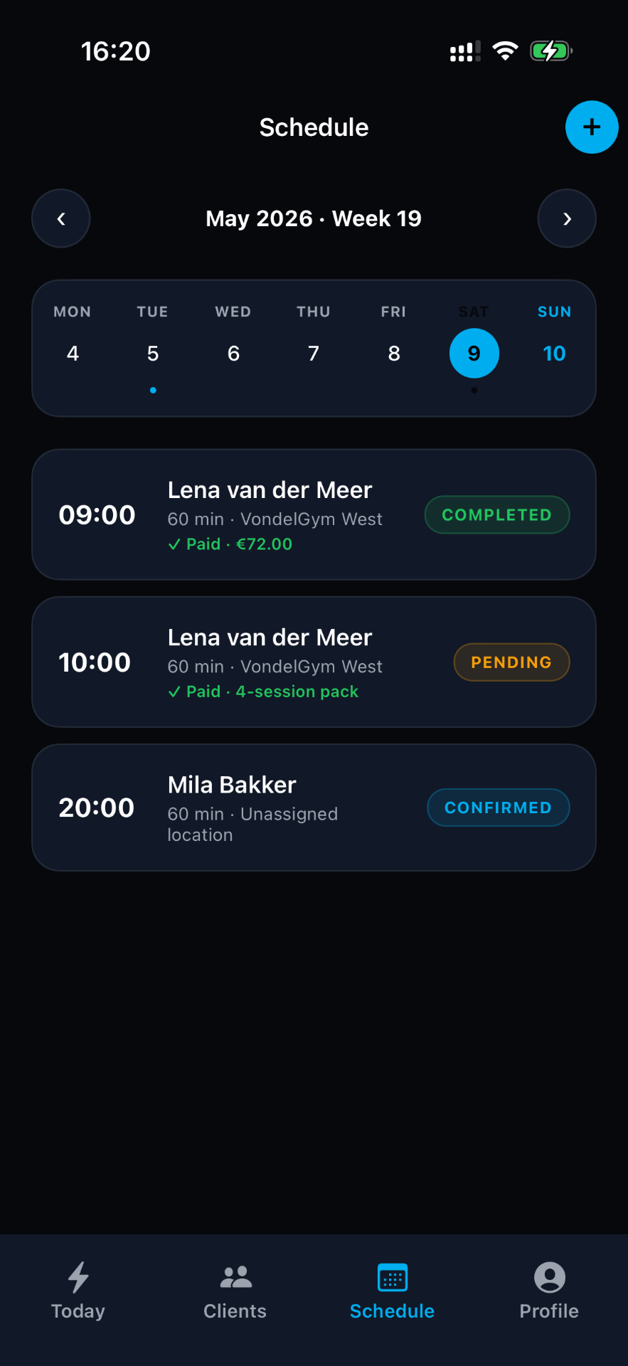 TrainerBuddy Schedule screen